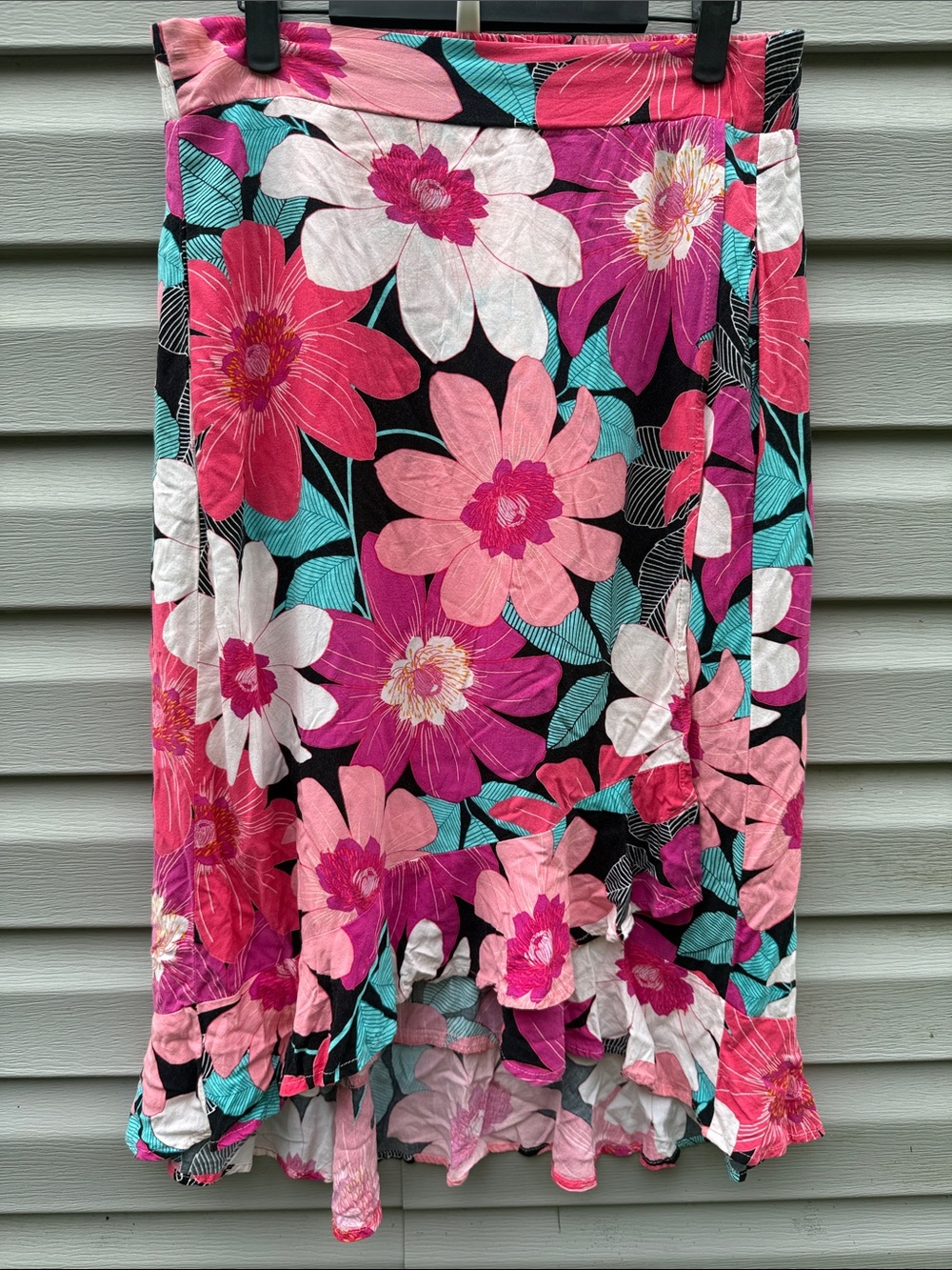 La Blanca Floral Midi Skirt Womens Medium Pink Purple Ruffle High Low LB2CJ43